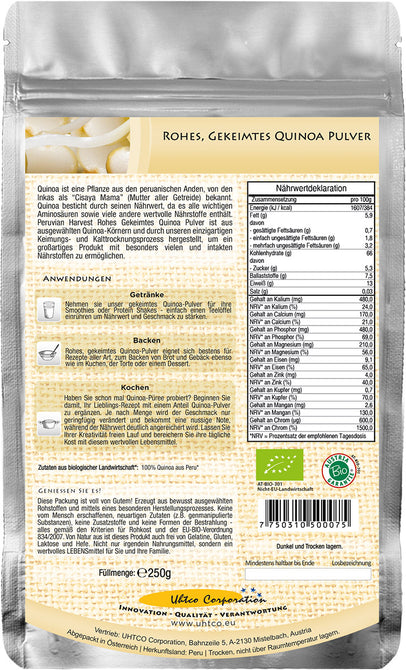 UHTCO Peruvian Harvest Raw Sprouted Quinoa Powder, 250g | The best from Peru for the world | ORGANIC UHTCO Peruvian Harvest Raw Sprouted Quinoa Powder, 250g | The best from Peru for the world | ORGANIC